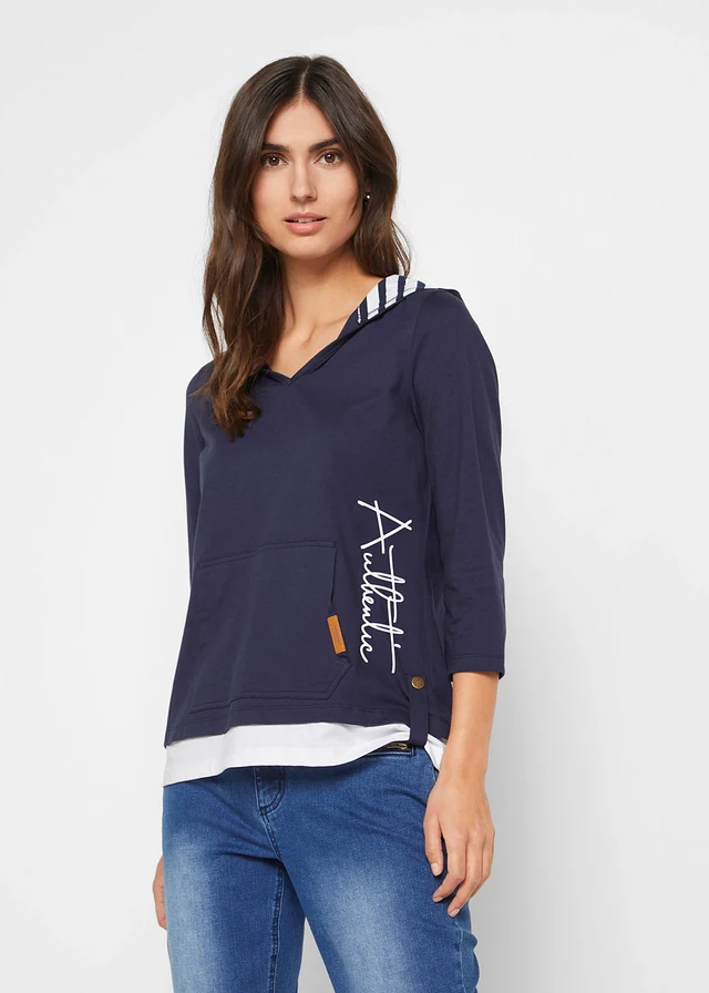 T-shirt à capuche, manches 3/4, 100% coton, Couleur: bleu foncé imprimé