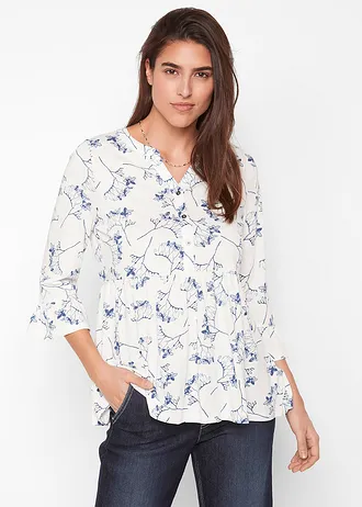 Tunika T-shirtowa z rękawami 3/4 • biel wełny w kwiaty • sklep bonprix