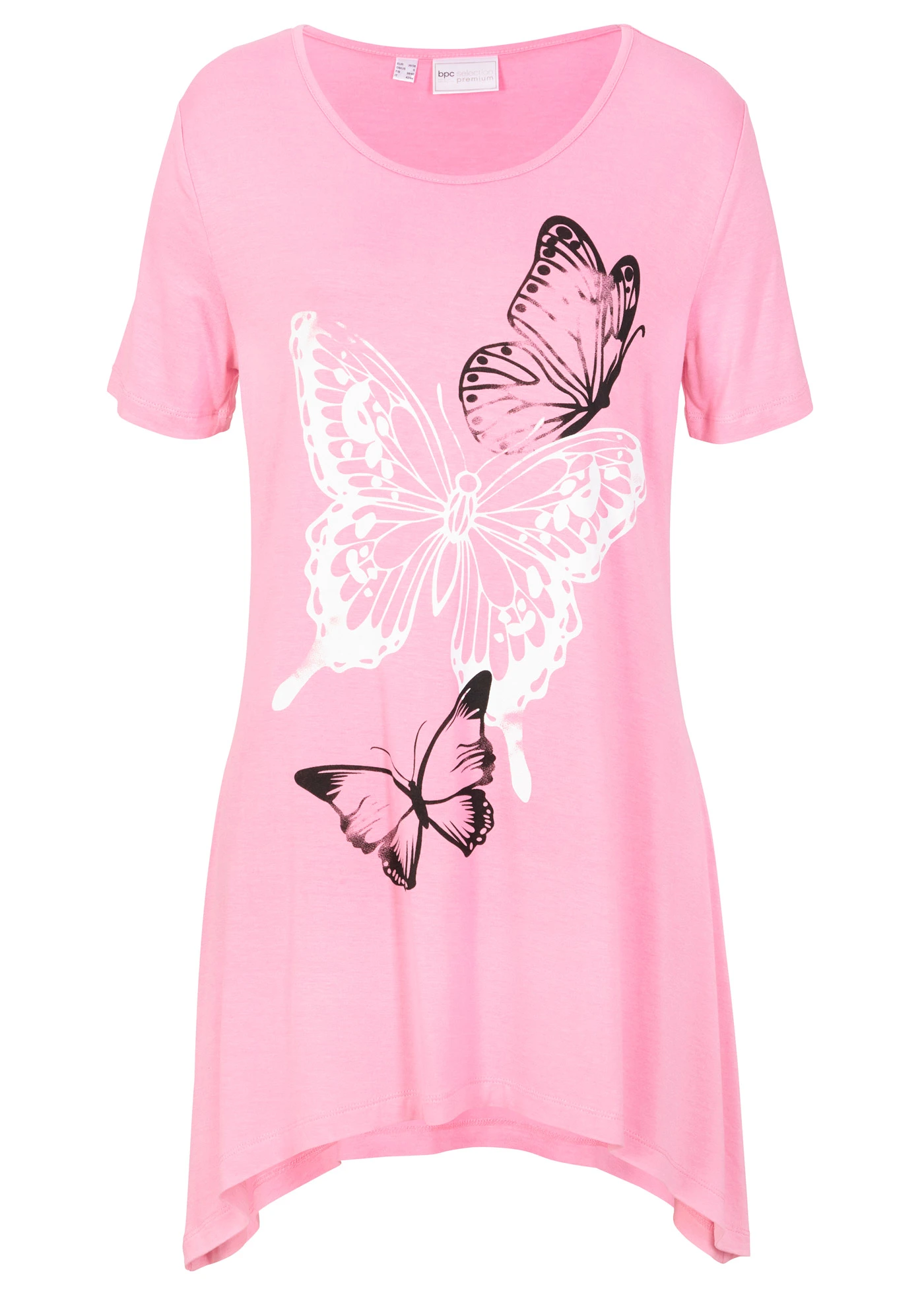 Longshirt met puntige onderrand en vlinders • flamingopink-wit-zwart • bonprix online shop