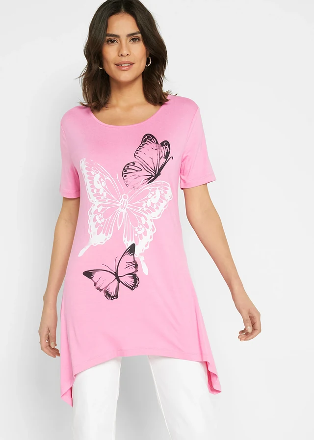 Bluză lungă cu colțuri și model cu fluturi • roz-flamingo-alb-negru • magazin bonprix