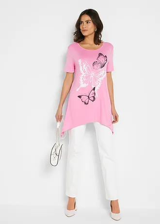 Longshirt met puntige zoom en vlinders, Kleur: flamingopink-wit-zwart