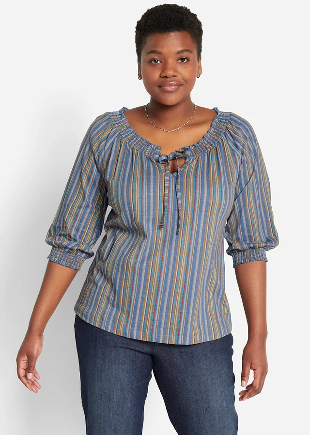 Gestreepte shirt tuniek, 3/4 mouw, Kleur: indigo gestreept