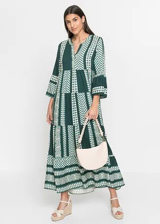 Robe longue en viscose fluide, Couleur: vert pétrole/beige imprimé graphique