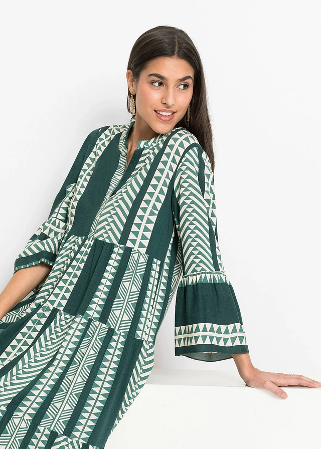 Robe longue en viscose fluide • vert pétrole/beige imprimé graphique • product-page.page-title-suffix