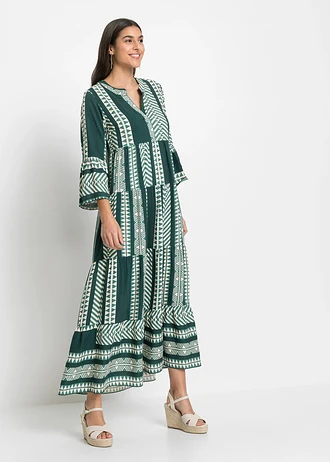 Robe longue en viscose fluide, Couleur: vert pétrole/beige imprimé graphique