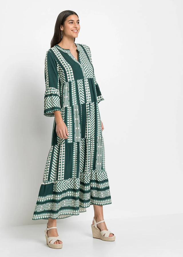Robe longue en viscose fluide, Couleur: vert pétrole/beige imprimé graphique