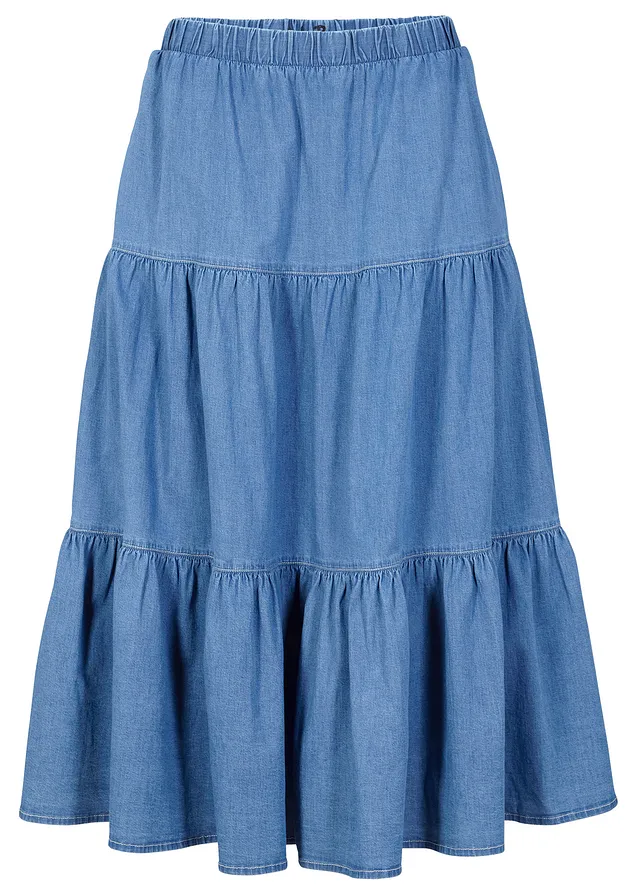 Jupe étagée en jean, Couleur: bleu clair denim used