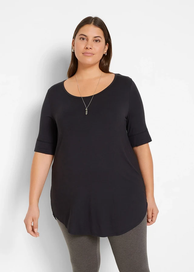 T-shirt long et doux en viscose, Couleur: noir