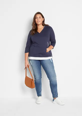 Tričko s kapucí a 3/4 rukávem, z čisté bavlny, barva: tmavě modrá s potiskem