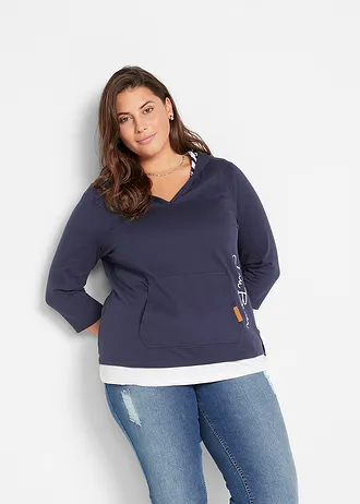 Tričko s kapucí a 3/4 rukávem, z čisté bavlny, barva: tmavě modrá s potiskem