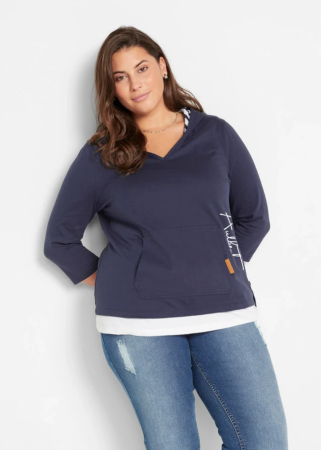 Hoodie van katoen met 3/4 mouw, Kleur: donkerblauw met print