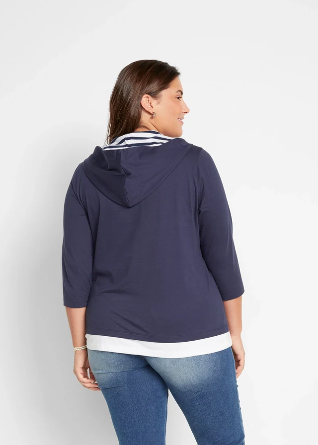 Hoodie van katoen met 3/4 mouw, Kleur: donkerblauw met print