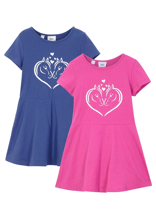 Jersey jurk (set van 2) van biologisch katoen, Kleur: saffierblauw+fuchsia