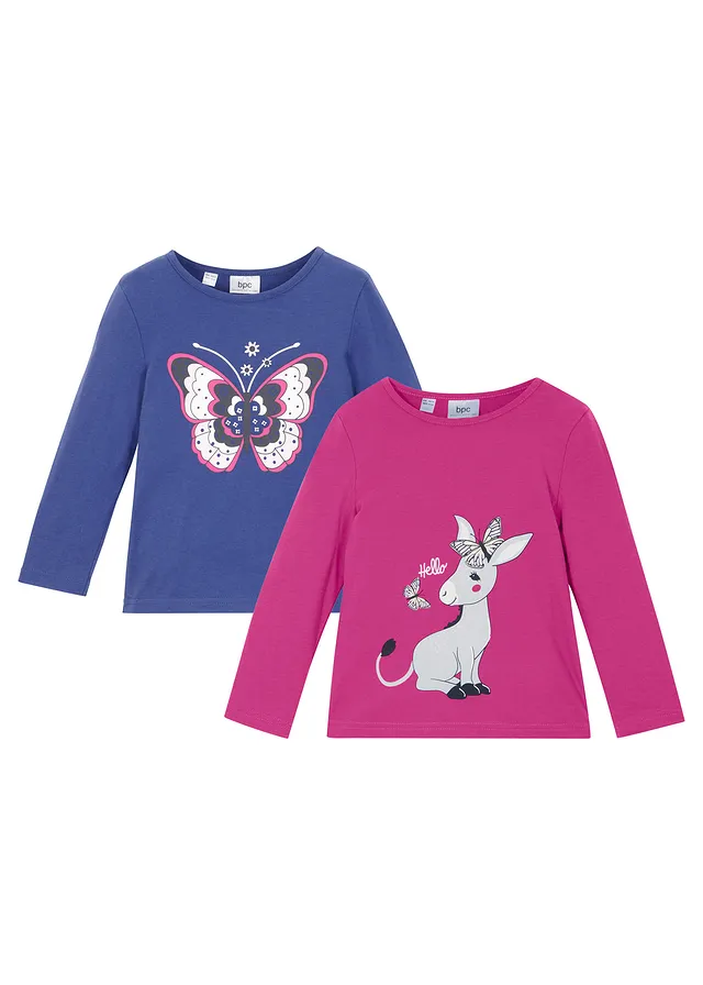 Longsleeve (set van 2) van puur biologisch katoen, Kleur: saffierblauw+fuchsia