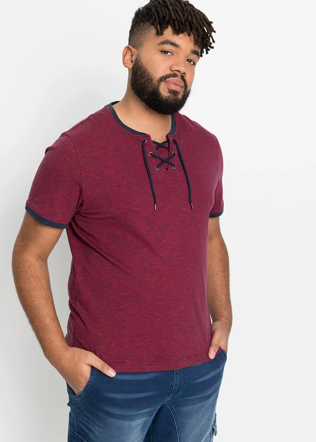 T-shirt met vetersluiting van biologisch katoen, Kleur: donkerblauw-donkerrood gemêleerd