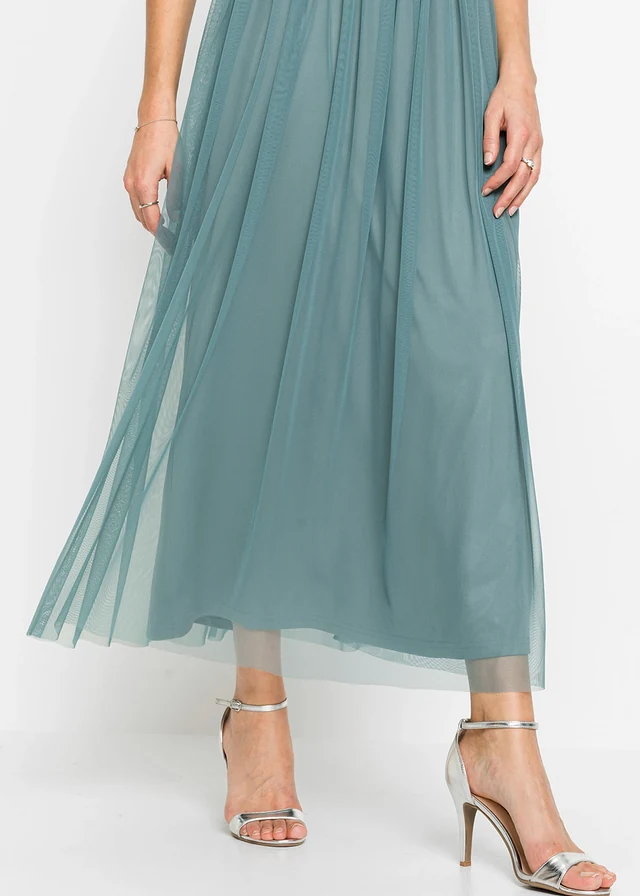 Robe longue brodée de sequins, Couleur: pétrole fumé