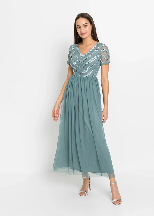 Robe longue brodée de sequins, Couleur: pétrole fumé