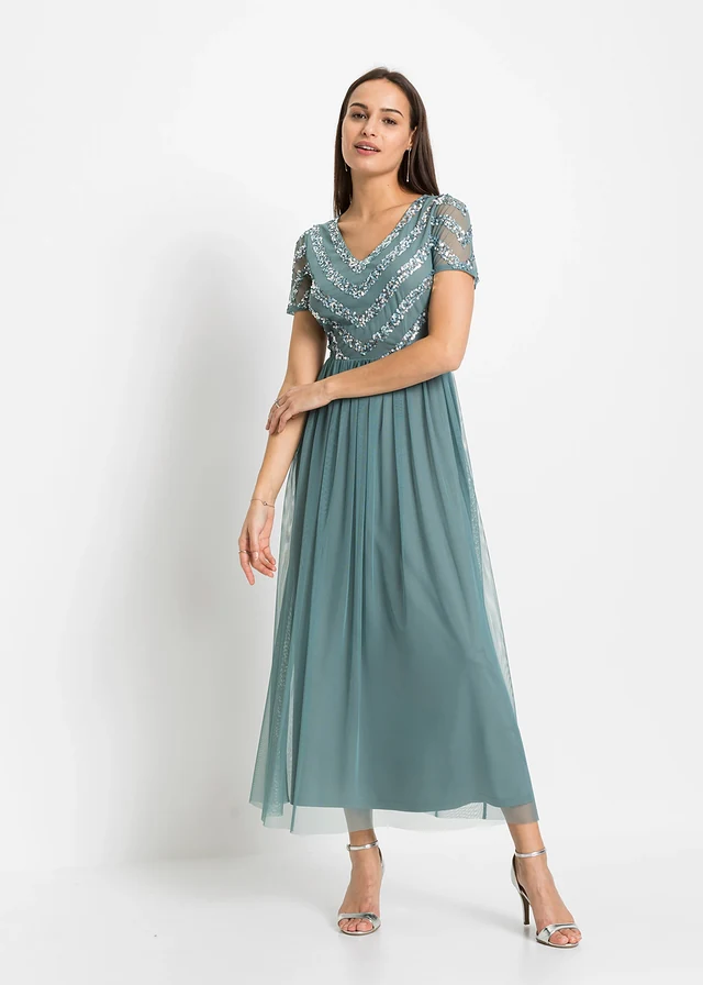 Robe longue brodée de sequins, Couleur: pétrole fumé