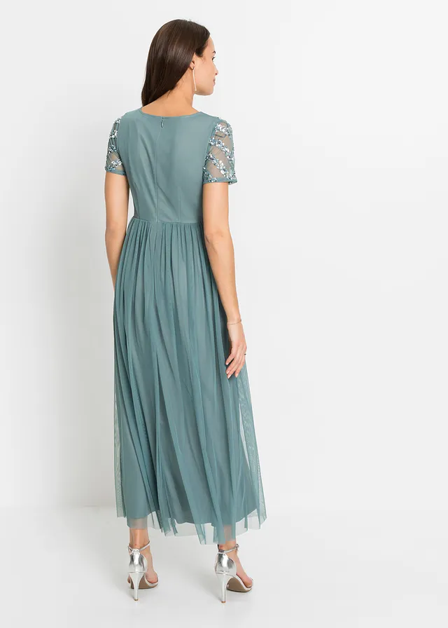 Robe longue brodée de sequins, Couleur: pétrole fumé