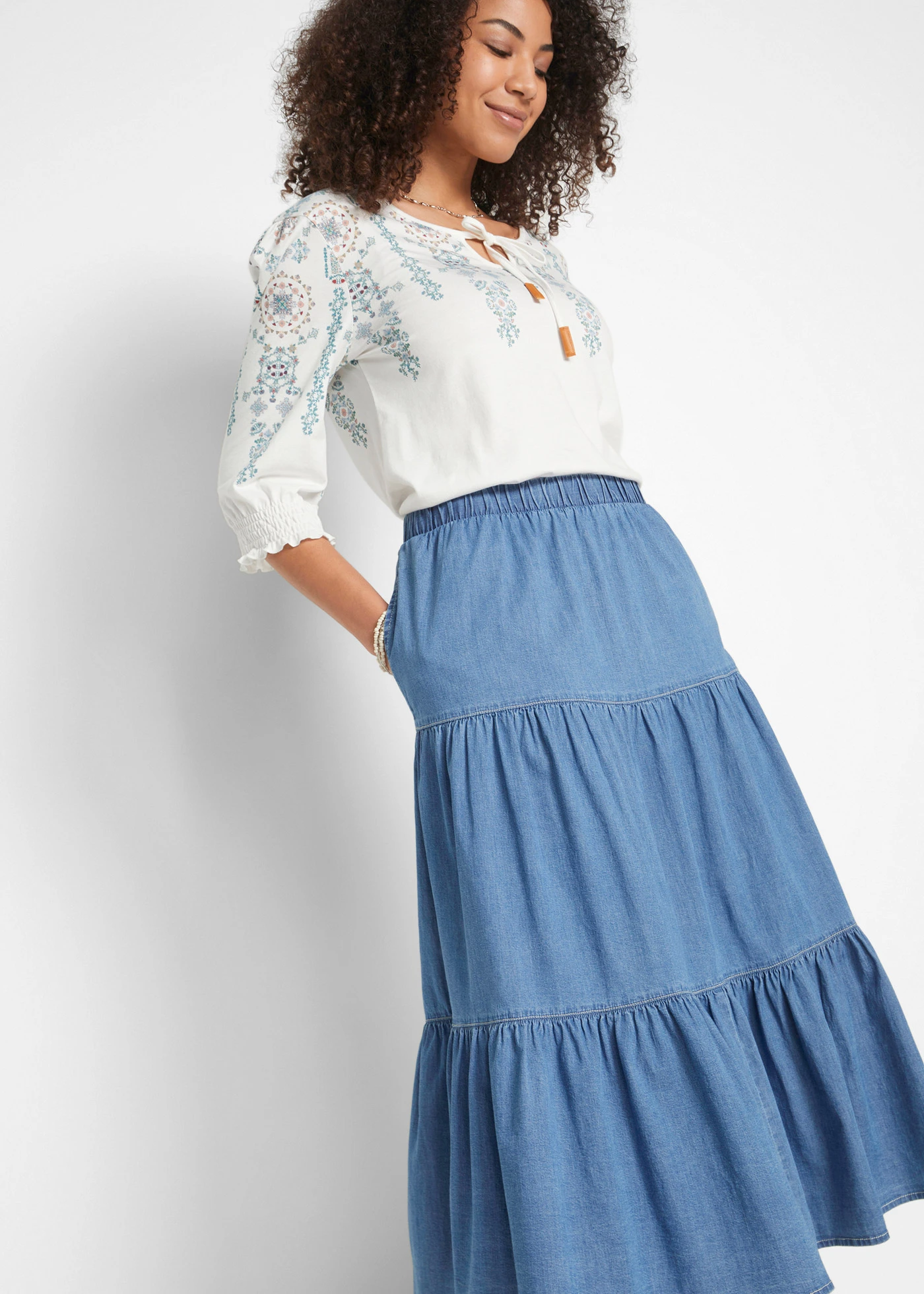 Džínová volánová sukně • světle modrý denim used • bonprix obchod