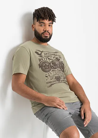 T-shirt van puur katoen, Kleur: new kaki met print