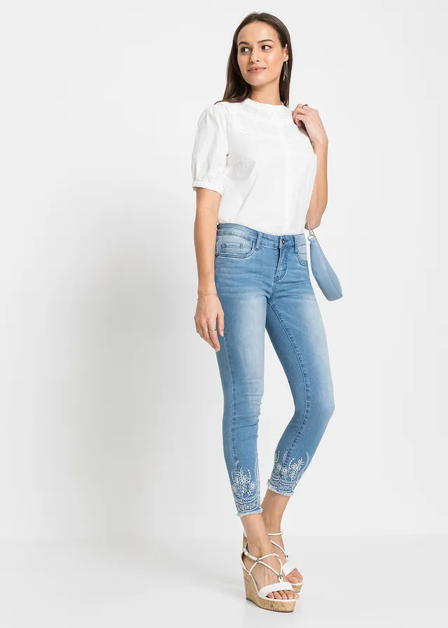 Jean skinny, taille mi-haute, cropped, Couleur: bleu clair denim