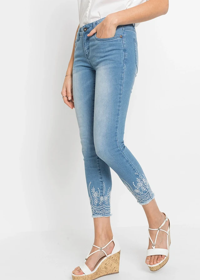 Jean skinny, taille mi-haute, cropped, Couleur: bleu clair denim