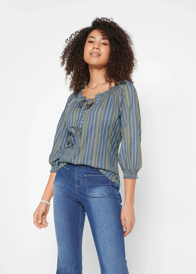 Gestreepte shirt tuniek, 3/4 mouw, Kleur: indigo gestreept