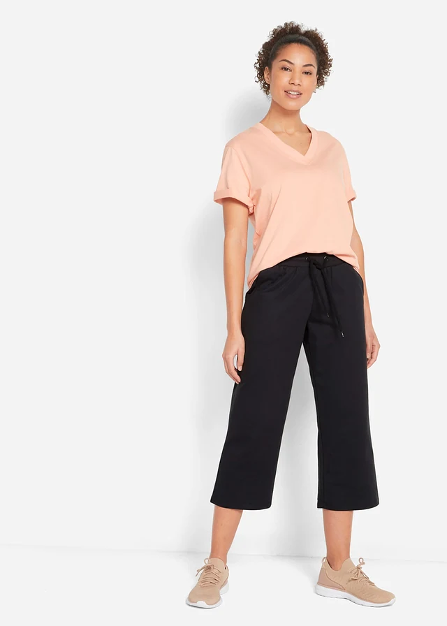 Joggingbroek met biologisch katoen, kuitlang, Kleur: zwart