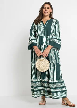 Maxi ruha puha viszkózból, szín: olajzöld/bézs grafikai mintás