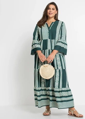 Robe longue en viscose fluide, Couleur: vert pétrole/beige imprimé graphique