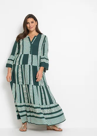 Maxi ruha puha viszkózból, szín: olajzöld/bézs grafikai mintás