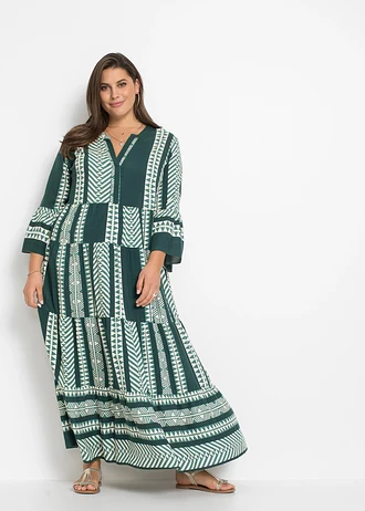 Robe longue en viscose fluide, Couleur: vert pétrole/beige imprimé graphique