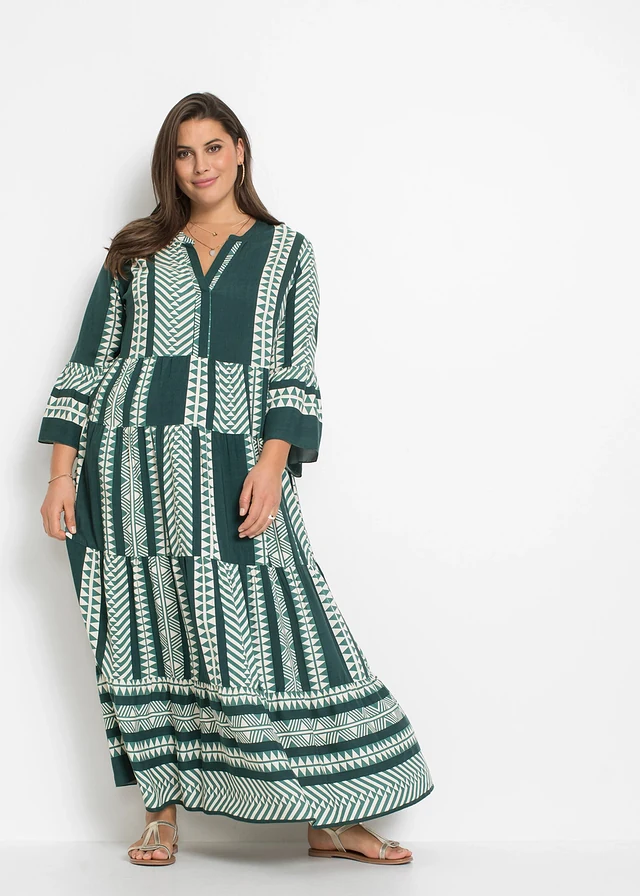 Robe longue en viscose fluide, Couleur: vert pétrole/beige imprimé graphique