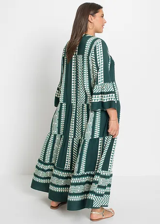 Maxi ruha puha viszkózból, szín: olajzöld/bézs grafikai mintás