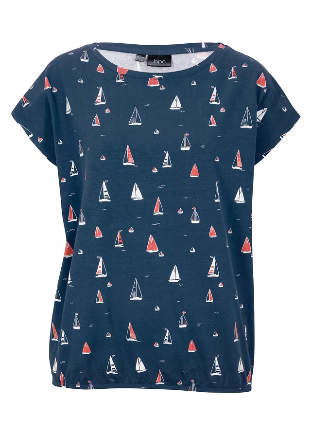 Luchtig shirt, korte mouw, Kleur: donkerblauw gedessineerd