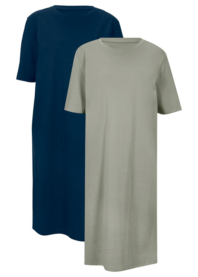 Lot de 2 robes T-shirt • bleu foncé + gris vert • Boutique bonprix