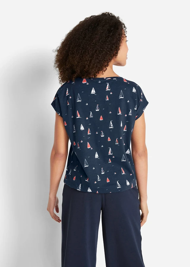 Luchtig shirt, korte mouw, Kleur: donkerblauw gedessineerd