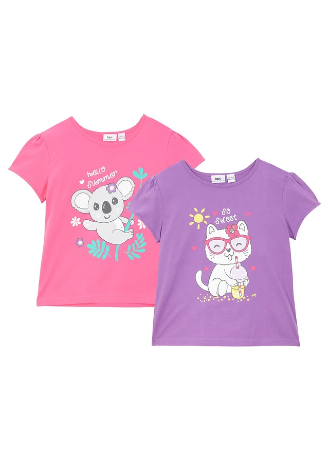 Meisjes T-shirt van puur biologisch katoen ( set van 2), Kleur: dieplila+pink