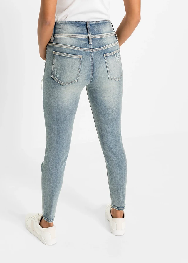 Skinny džínsy s vysokým pásom, strečové, farba: svetlomodrá denim heavy washed