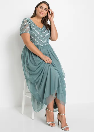 Maxi šaty s výšivkou s flitry, barva: kouřově petrolejová