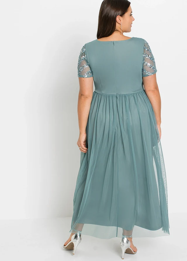 Robe longue brodée de sequins, Couleur: pétrole fumé