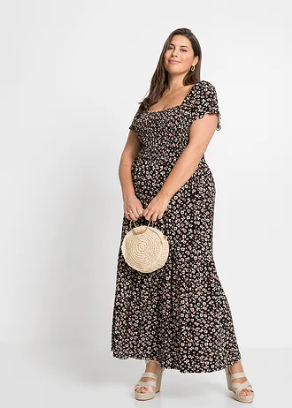 Robe longue en viscose, Couleur: noir-écru floral