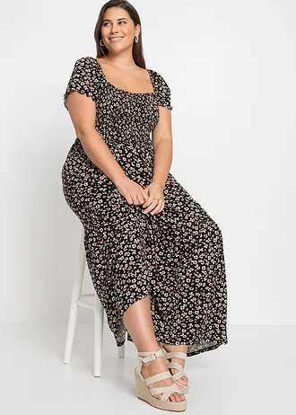 Maxi jurk van een viscosemix, Kleur: zwart/wolwit gebloemd