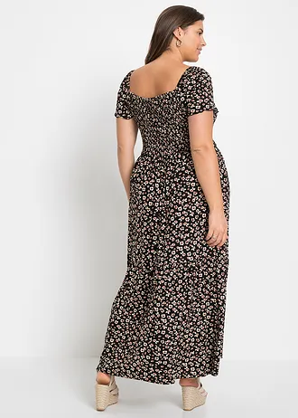 Maxi jurk van een viscosemix, Kleur: zwart/wolwit gebloemd