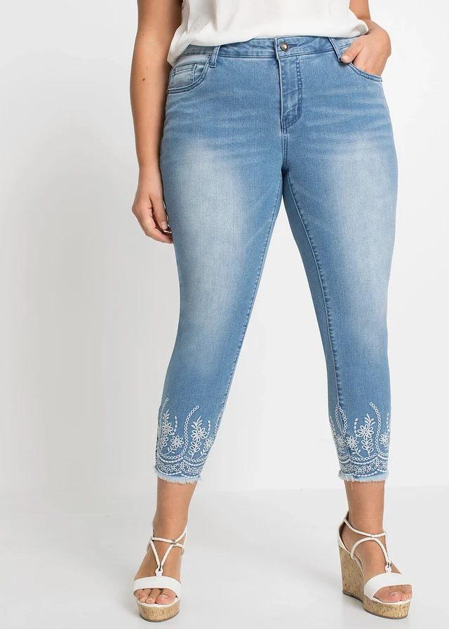 Jean skinny, taille mi-haute, cropped, Couleur: bleu clair denim