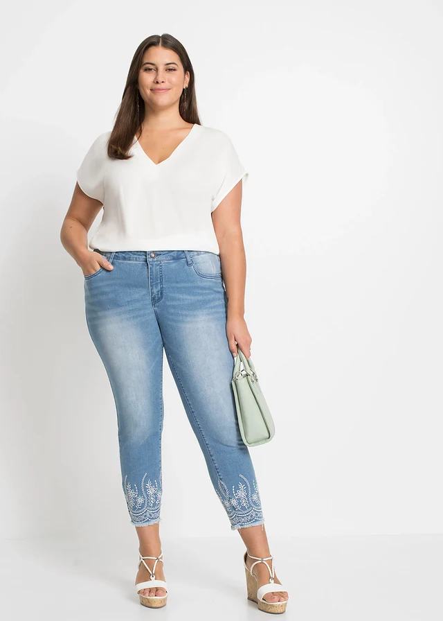Jean skinny, taille mi-haute, cropped, Couleur: bleu clair denim