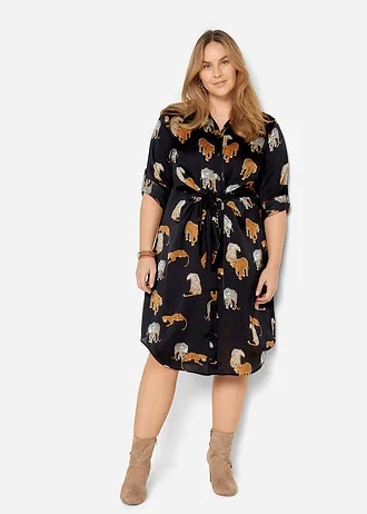 Saténové košilové šaty, barva: černá s leopardím potiskem