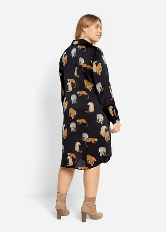 Saténové košilové šaty, barva: černá s leopardím potiskem