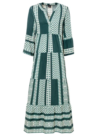 Robe longue en viscose fluide, Couleur: vert pétrole/beige imprimé graphique